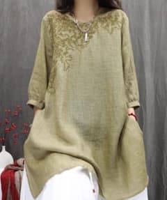 新品タグ付きFlugge 七分丈刺繍チュニック　グリーン
