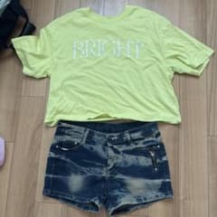 GU BRIGHT刺繍Tシャツライムグリーン L 国旗柄デニムショートパンツ2点のサムネイル