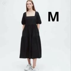 値下❗️UNIQLO パフスリーブ リネンブレンドシャーリングワンピースM
