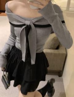 オフショルダー リボン ニット 長袖 グレーのサムネイル