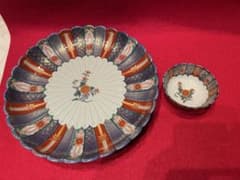 ◉セール！新品　林九郎窯 2枚セット　大皿1.小鉢1 菊割　染錦地紋　波佐見