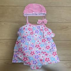 【帽子付き】女の子 水着 100cm ワンピース 花柄 ピンク リボンのサムネイル
