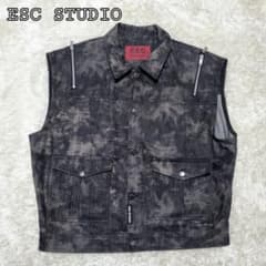 極美品ESC STUDIO　デニムベスト　カモフラ　総柄　ロゴボタン