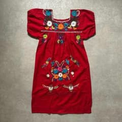 メキシコ刺繍 ワンピース 花柄 鳥刺繍 赤 半袖 民族 花柄 エスニック M相当 メキシコ刺繍 ワンピース 花柄 鳥刺繍 赤 半袖 民族 花柄 エスニック M