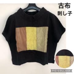 最終★再値下げ❗️一点物【古布　刺し子】リメイク　カットソー　黒のサムネイル