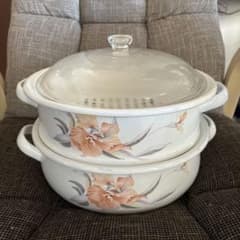 Y【長期保管品】日本製！ 昭和レトロ ホーロー 2段蒸し器 両手鍋 23cm