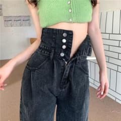 ❤️ラスト1点❤️ハイウエスト 韓国 デニム パンツ 黒 ジーンズ L 細見えのサムネイル