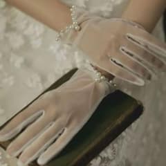 ウェディンググローブ　ショート　パール　ホワイト　オーガンジー　結婚式　手袋　白のサムネイル