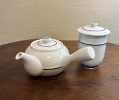 重山作 急須 湯呑 セット 白磁 青ライン