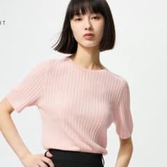 UNIQLO ピンク リブ編み 半袖ニット Mサイズのサムネイル