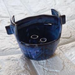 【美品】陶器 花器 剣山一体型 藍色 釉薬