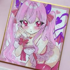 手描きイラスト オリジナル 女の子 サキュバス 小悪魔 原画 ミニ色紙