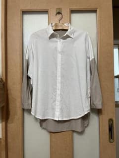 美品◆L〜LL◆バイカラー長袖シャツ ブラウス ホワイト×ベージュ