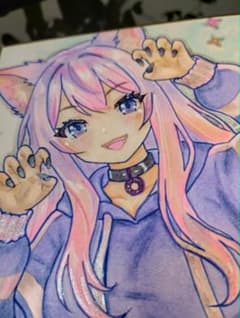 h*☆様 オリジナル手描きイラスト「きらめき猫耳アイドル」　コピック　小色紙　原 小色紙】 手描きイラスト アナログ 原画 オリジナル 猫耳 女の子