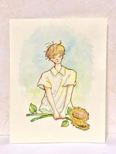 水彩原画 ミニ原画 手描きイラスト ひまわり 少年 約12.2×9.5cmのサムネイル