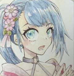 アナログ原画 オリジナルイラスト 手描き コスモスの花飾りの少女 透明