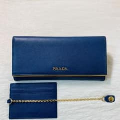 本日限定 人気 PRADA プラダ 長財布 折りたたみ パスケース付き 紺 青