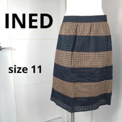INED ストライプ透かし編みスカート size 11　膝丈　日本製　093のサムネイル