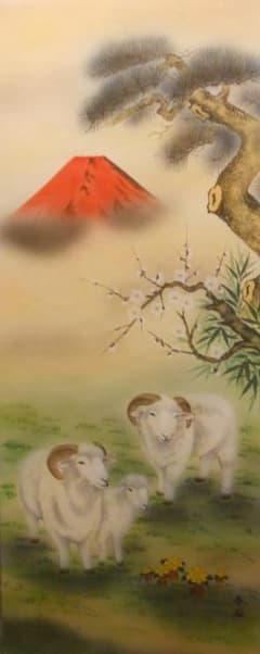 掛け軸 高木春石 『 三羊開泰 』 絹本 希少 軸装 茶道具 掛軸 美品 です。 掛け軸 高木春石 『 三羊開泰 』 絹本 希少 軸装 茶道具 掛軸 美品