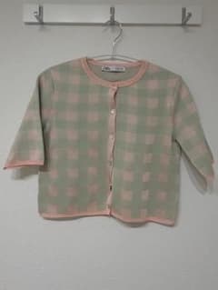 ZARA 緑とピンクのチェック柄半袖カーディガンのサムネイル