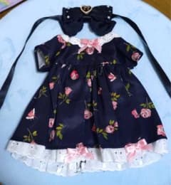 20センチぬいぐるみ服　バラ柄ワンピース＆リボンセットのサムネイル