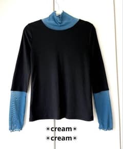 シアー袖配色カットソー シアーハイネックトップス　配色プルオーバー