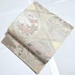 B 夏物 天井花丸文 銀糸 白 菊 菖蒲 椿 六通 正絹 薄物 絽 紗 袋帯