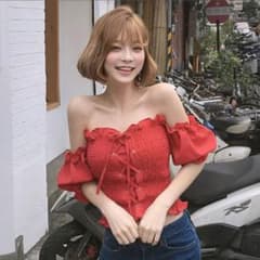 オフショルダー パフスリーブ ブラウス 半袖 レースアップのサムネイル