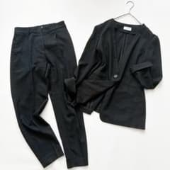 近年モデル】PLST リネン混セットアップ ノーカラーJK パンツスーツ 黒