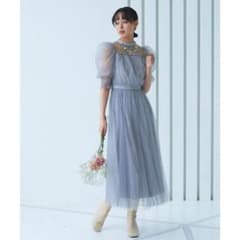 新品RUIRUEBOUTIQUEチュールギャザーフレアロングワンピースLLグレー