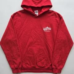 US古着 ギルダン プルオーバーパーカー 赤 両面プリント 企業ロゴ レトロ