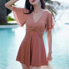원피스 수영복 V 넥 플레어 슬리브 핑크