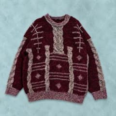 vintage 立体編み ケーブルニット セーター ワインレッド 総柄 ゆったり