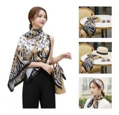 シルク風スカーフ 90×90 大判 チェーン柄 モノトーン 上品 高見え【M2】