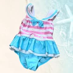 ベビー水着 女の子 90cm ピンク×ブルー ボーダー フリルのサムネイル