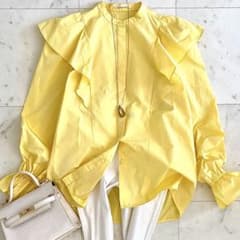 極美品 デザインワークス タフタラッフルブラウス バンドカラー イエロー 38 極美品 デザインワークス タフタラッフルブラウス バンドカラー