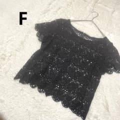 クロシェ編み 半袖カットソー 総レース 黒 花柄 スカラップ トップス/F