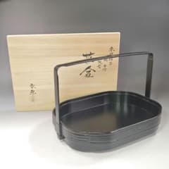 イ934 煙草盆『海田宗恵』『三代宗旦好写 一閑手付木瓜型 莨盆 胡桃足