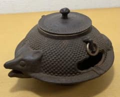 【昭和レトロ】南部鉄器 分福茶釜型 灰皿 香炉 置物 アラレ紋 インナー付き
