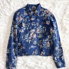 希少 Lizwear リネン混 インディゴ ボタニカル柄 ジャケット M US 
