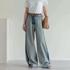 バイカラー ワイドデニムパンツ 切り替えデザインのサムネイル