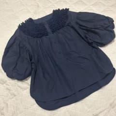 美品 ロージーモンスター バルーンスリーブ ミニフリルブラウス ネイビー5分袖 美品✨ ロージーモンスター チュールフリル襟半袖ブラウス ネイビー
