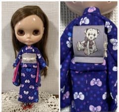209 ブライス、リカちゃん用　リボン柄の着物　テディベア帯