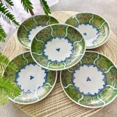 献上古伊万里 取り皿 5枚 緑 金彩 曼荼羅 グリーン ケーキ皿 中皿 丸