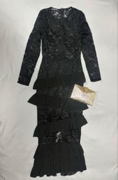 美品お呼ばれドレス　黒レースドレスXS　バック　セットのサムネイル