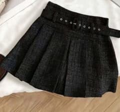 ツイード柄 プリーツ ミニスカート ベルト付き ブラックのサムネイル