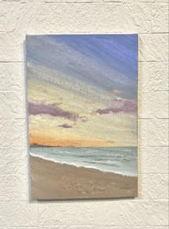 夕暮れの海岸の絵 15cm×10cmのサムネイル