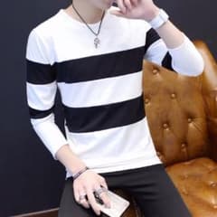 【激熱】長袖ボーダーカットソー　Tシャツ　トレンド　白L　a50-1aのサムネイル
