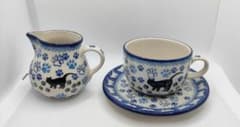 新品　3点　猫　ポーリッシュポタリー　ポーランド食器　ミルク　カップ　ソーサー 新品 3点 猫 ポーリッシュポタリー ポーランド食器 ミルク カップ