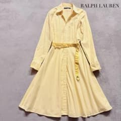 美品✨ラルフローレン シャツワンピース ロング ストライプ ベルト 黄色 ロゴ 美品✨ラルフローレン シャツワンピース ロング ストライプ ベルト